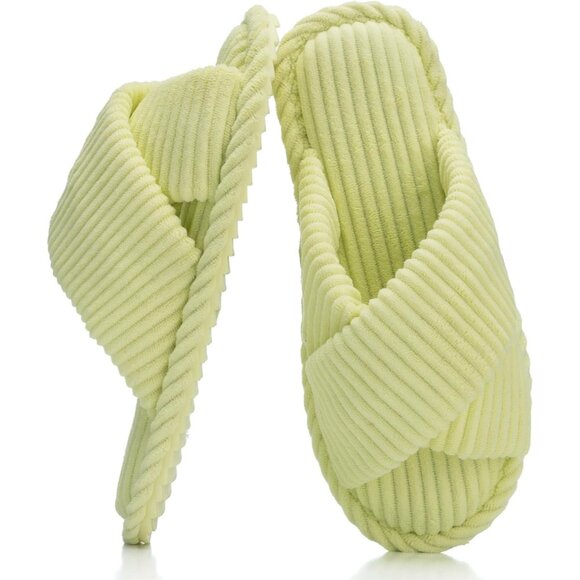 ⚡Women Yellow Green Cotton Memory Foam Bedroom Corduroy Crossband Open Toe Shoes